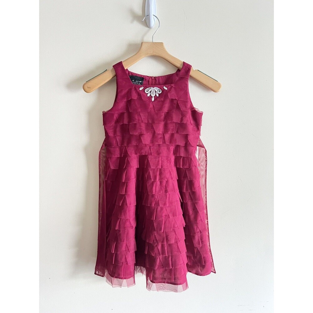 Girls Red Jeweled Tiered Tulle Full Holiday Wedding Party Dress size 10